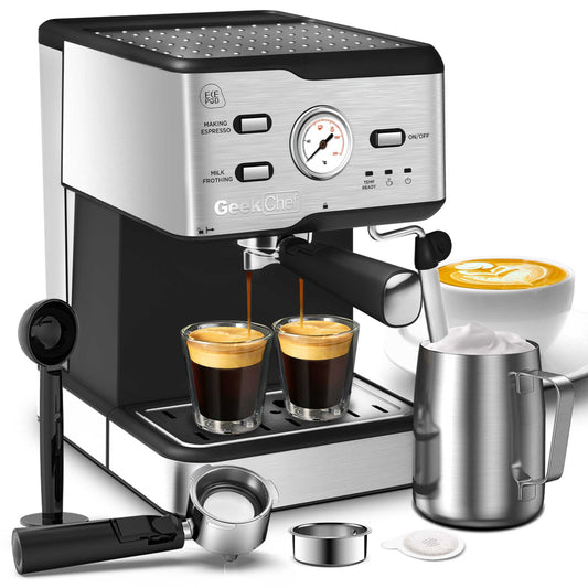 Espresso Machine 20 Bar Pressure Cappuccino Latte Maker Coffee Machine With ESE POD Filter&Milk Frother Steam Wand&thermometer, 1.5L Water Tank, Stainless Steel